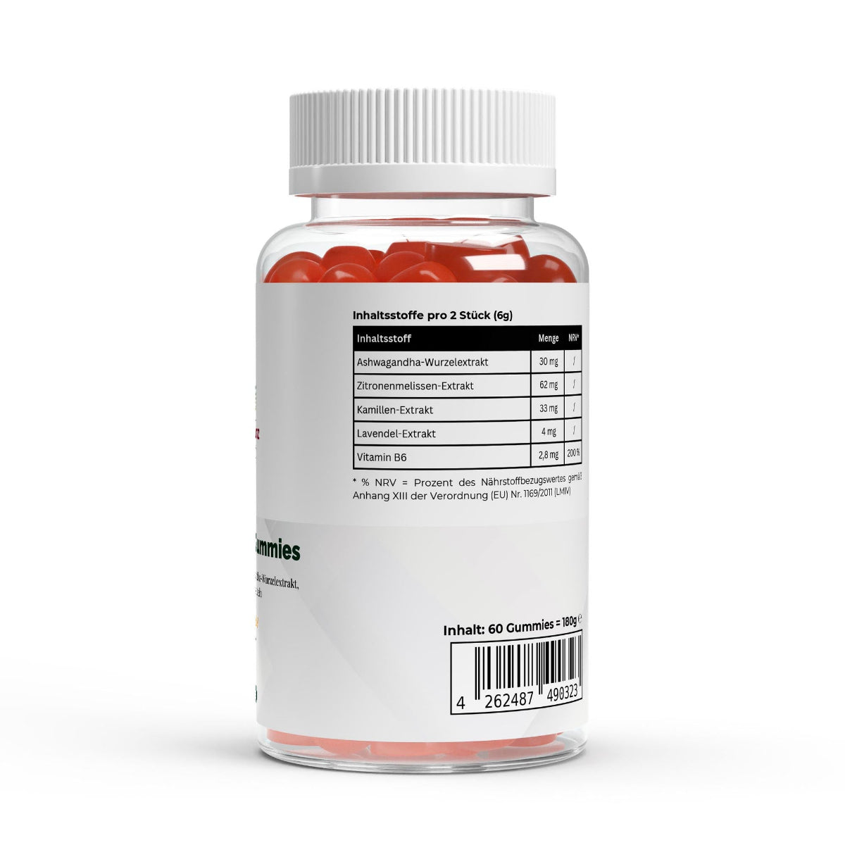 Schwarzwaldglanz Ashwagandha Gummies – Stressabbau, Fokus & Wohlbefinden – Etikett – hochwertiges Produkt von Schwarzwaldglanz – Produkt vor weißem Hintergrund