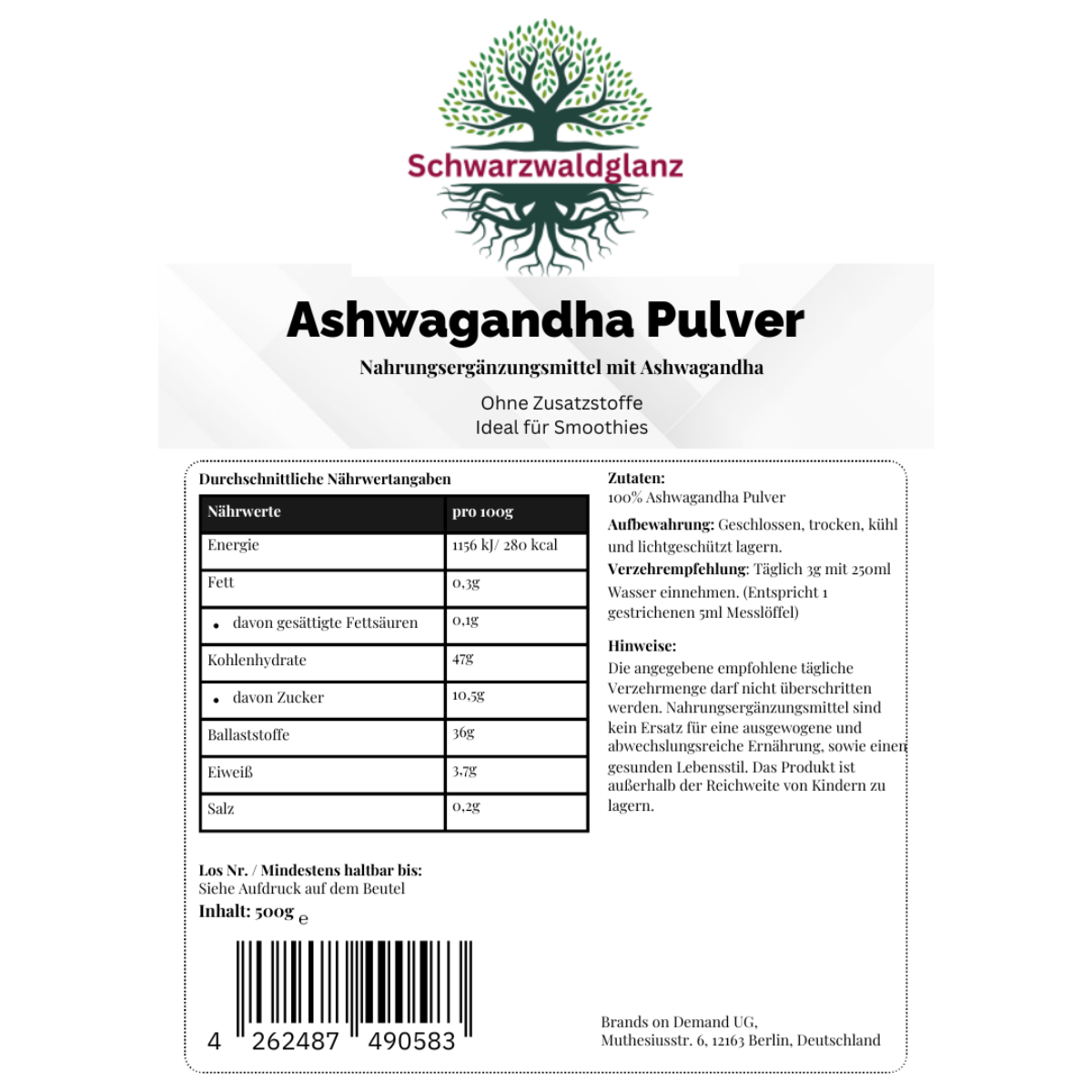 Schwarzwaldglanz Ashwagandha Pulver - 500g – Etikett – hochwertiges Produkt von Schwarzwaldglanz – Produkt vor weißem Hintergrund