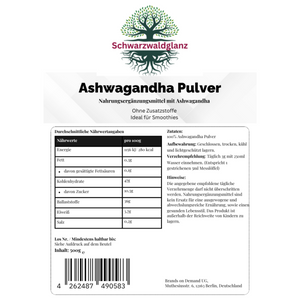 Schwarzwaldglanz Ashwagandha Pulver - 500g – Etikett – hochwertiges Produkt von Schwarzwaldglanz – Produkt vor weißem Hintergrund