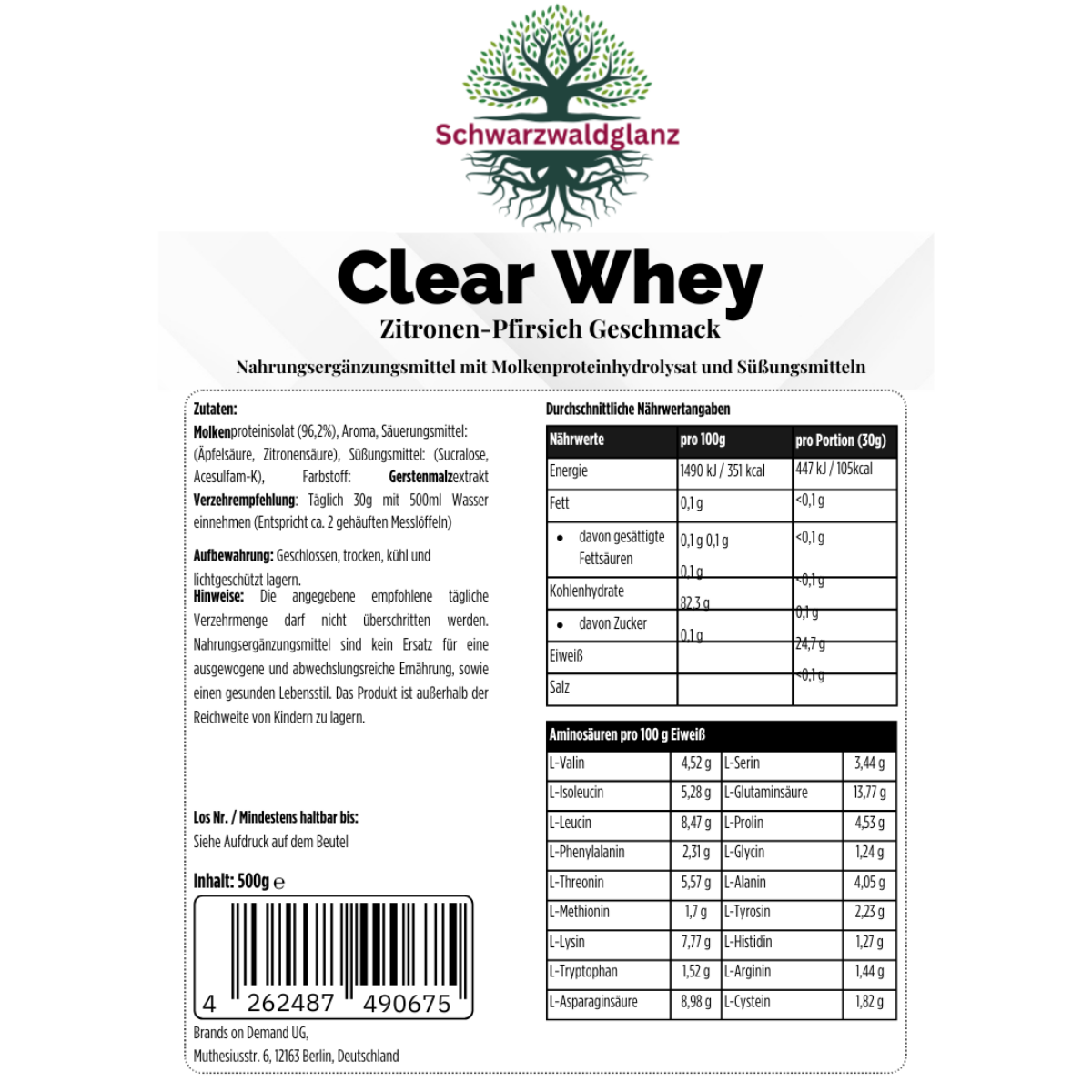 Schwarzwaldglanz Clear Whey Protein Eistee Pfirsich  – Etikett – hochwertiges Produkt von Schwarzwaldglanz – Produkt vor weißem Hintergrund
