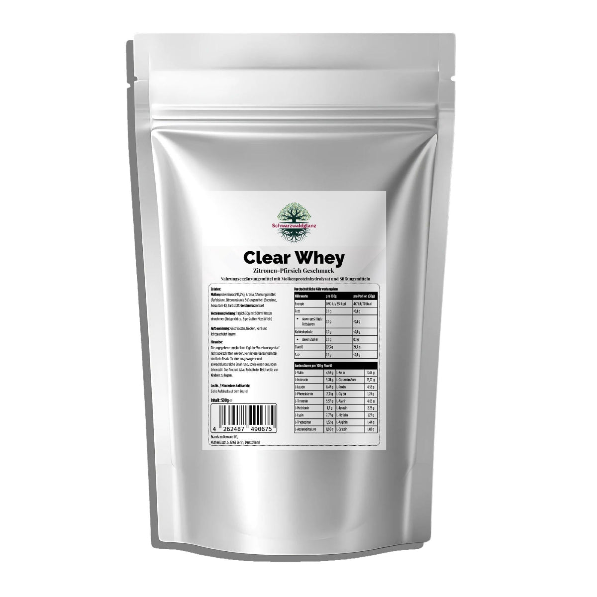 Schwarzwaldglanz Clear Whey Protein Eistee Pfirsich  – Front – hochwertiges Produkt von Schwarzwaldglanz – Produkt vor weißem Hintergrund