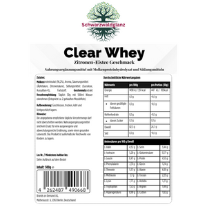Schwarzwaldglanz Clear Whey Protein Eistee Zitrone – Etikett – hochwertiges Produkt von Schwarzwaldglanz – Produkt vor weißem Hintergrund