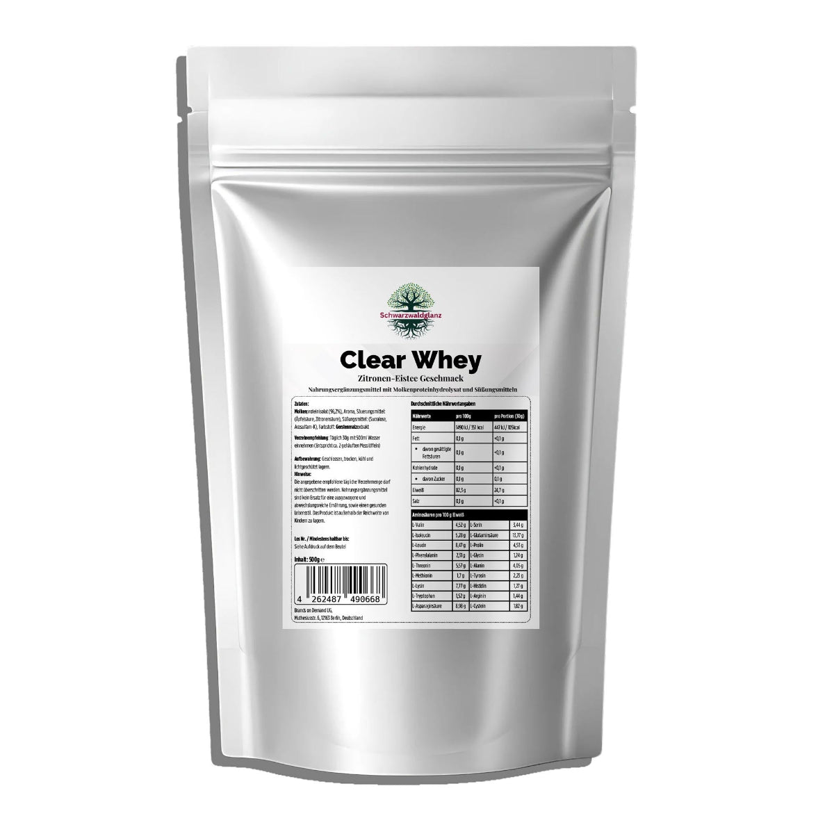 Schwarzwaldglanz Clear Whey Protein Eistee Zitrone – Front – hochwertiges Produkt von Schwarzwaldglanz – Produkt vor weißem Hintergrund