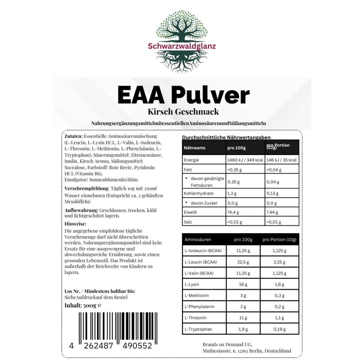 Schwarzwaldglanz EAA (Essentielle Aminosäuren) Kirsche – Etikett – hochwertiges Produkt von Schwarzwaldglanz – Produkt vor weißem Hintergrund