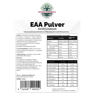 Schwarzwaldglanz EAA (Essentielle Aminosäuren) Kirsche – Etikett – hochwertiges Produkt von Schwarzwaldglanz – Produkt vor weißem Hintergrund
