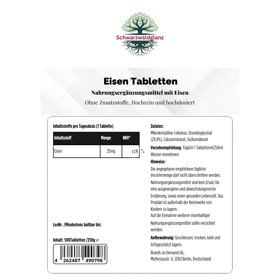 Eisen Bisglycinat 25 mg – 500 Tabletten | Hochdosiert & gut verträglich | Vegan Schwarzwaldglanz