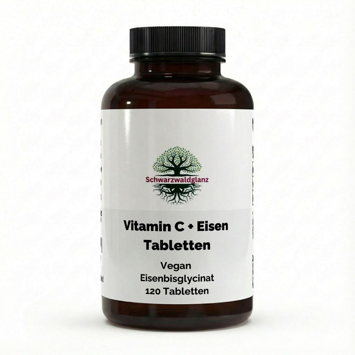 Schwarzwaldglanz Eisenbisglycinat + Vitamin C – 120 vegane Tabletten – Front – hochwertiges Produkt von Schwarzwaldglanz – Produkt vor weißem Hintergrund