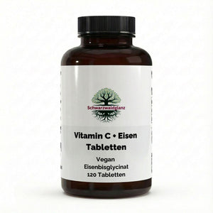 Schwarzwaldglanz Eisenbisglycinat + Vitamin C – 120 vegane Tabletten – Front – hochwertiges Produkt von Schwarzwaldglanz – Produkt vor weißem Hintergrund