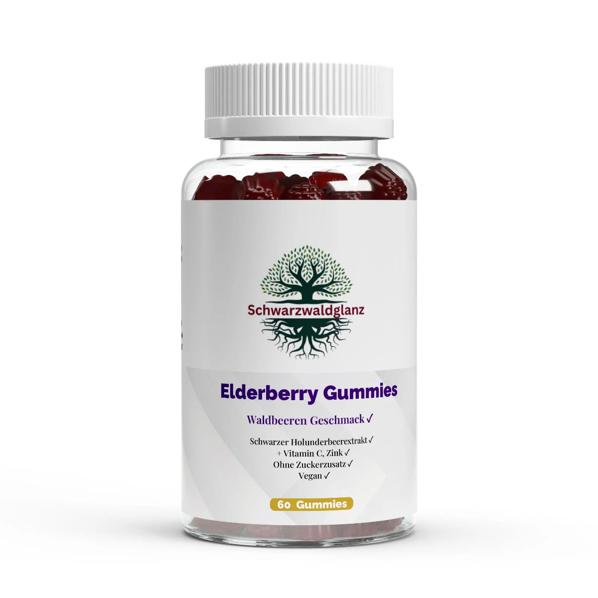 Schwarzwaldglanz Eldenberry Vitamin C + Zink Gummies – Daily Power für dein Immunsystem – Front – hochwertiges Produkt von Schwarzwaldglanz – Produkt vor weißem Hintergrund
