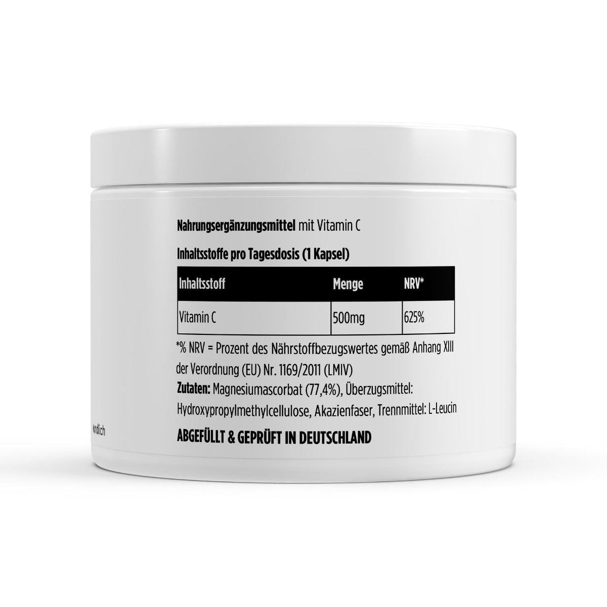 Schwarzwaldglanz Gepuffertes Vitamin C – hochwertig &amp; magenfreundlich – Etikett – hochwertiges Produkt von Schwarzwaldglanz – freigestellt vor neutralem Hintergrund