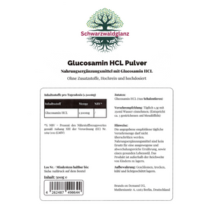 Schwarzwaldglanz Glucosamin Pulver - 500g – Etikett – hochwertiges Produkt von Schwarzwaldglanz – Produkt vor weißem Hintergrund