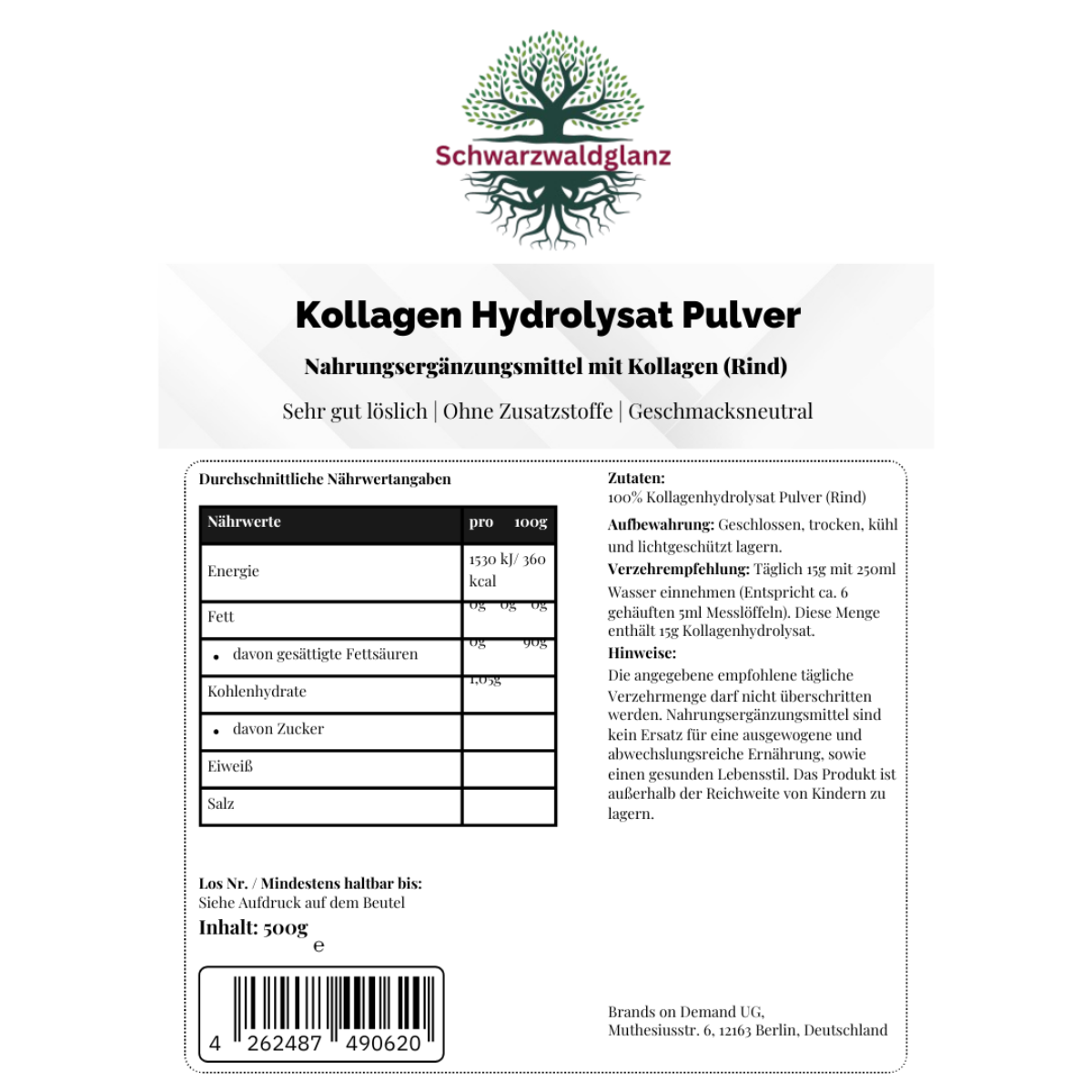 Schwarzwaldglanz Kollagen Hydrolysat Pulver - 500g – Hinweis – hochwertiges Produkt von Schwarzwaldglanz – Produkt vor weißem Hintergrund