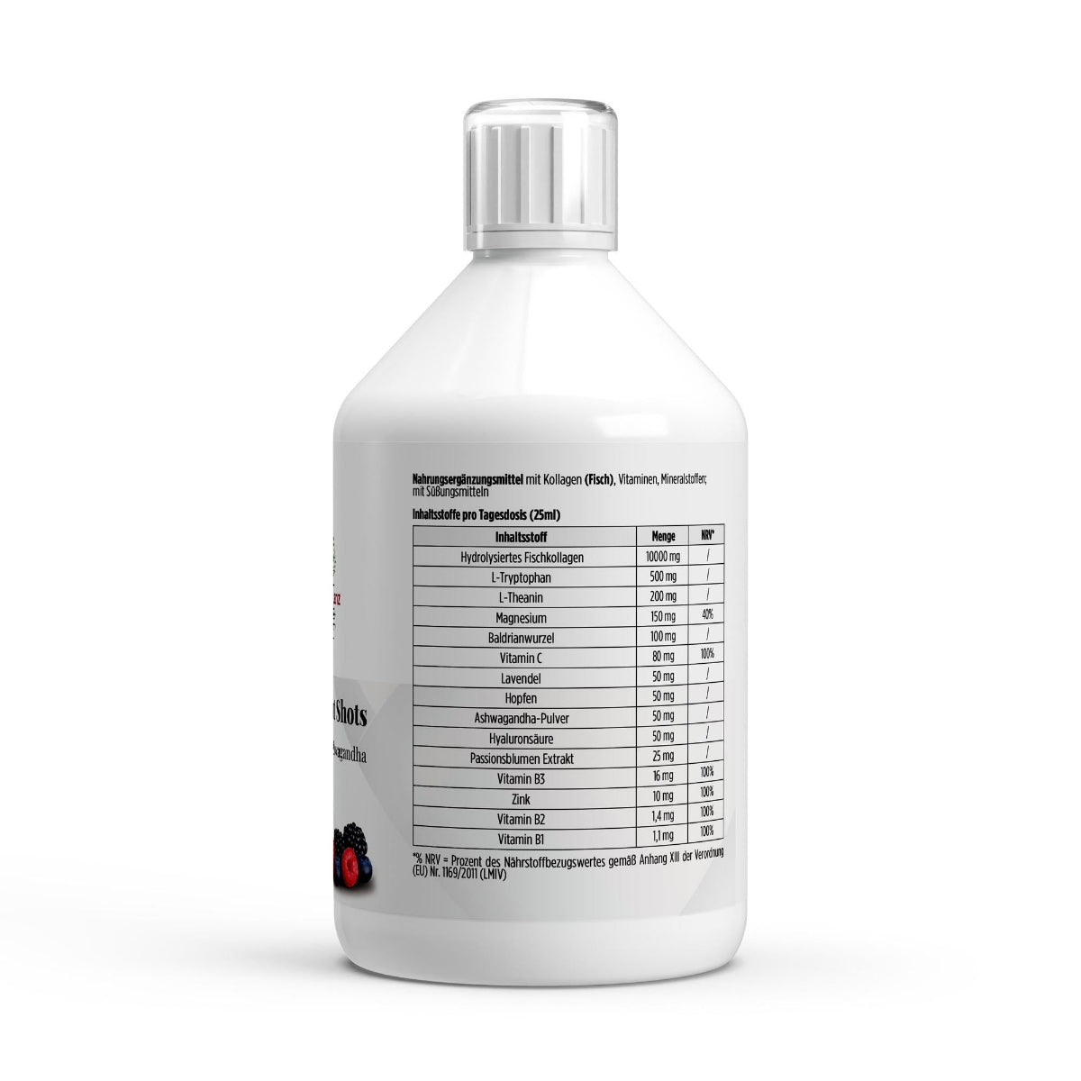 Schwarzwaldglanz Kollagen Night Plus+ Shots – 500 ml | Premium Collagen Drink für Abendroutine & Hautpflege – Etikett – hochwertiges Produkt von Schwarzwaldglanz – Produkt vor weißem Hintergrund