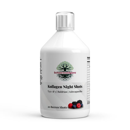 Schwarzwaldglanz Kollagen Night Plus+ Shots – 500 ml | Premium Collagen Drink für Abendroutine & Hautpflege – Front – hochwertiges Produkt von Schwarzwaldglanz – Produkt vor weißem Hintergrund