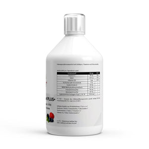 Schwarzwaldglanz Kollagen Support PLUS+ Shots - Wild Berry - 500ml – Etikett – hochwertiges Produkt von Schwarzwaldglanz – Produkt vor weißem Hintergrund