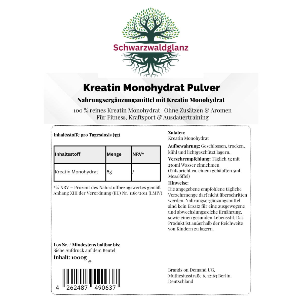 Schwarzwaldglanz Kreatin Monohydrat Pulver  – Etikett – hochwertiges Produkt von Schwarzwaldglanz – Produkt vor weißem Hintergrund