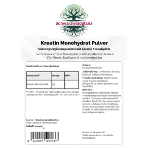 Schwarzwaldglanz Kreatin Monohydrat Pulver  – Etikett – hochwertiges Produkt von Schwarzwaldglanz – Produkt vor weißem Hintergrund