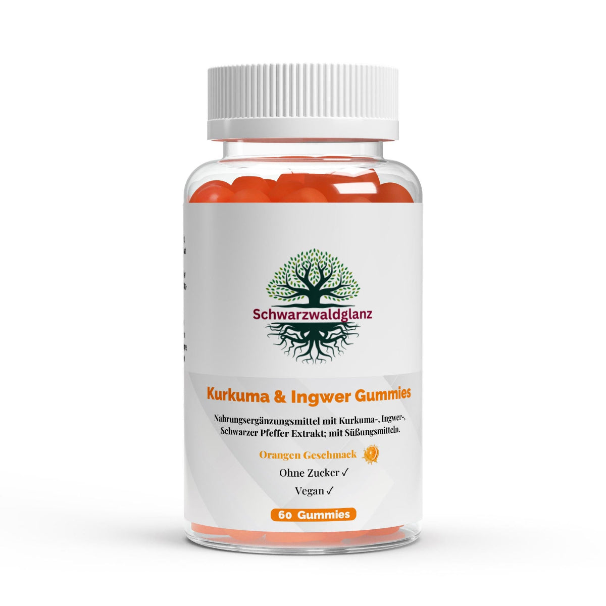 Schwarzwaldglanz Kurkuma + Ingwer + Schwarzer Pfeffer Gummies - 60 Stk. – Front – hochwertiges Produkt von Schwarzwaldglanz – Produkt vor weißem Hintergrund