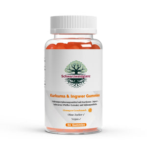 Schwarzwaldglanz Kurkuma + Ingwer + Schwarzer Pfeffer Gummies - 60 Stk. – Front – hochwertiges Produkt von Schwarzwaldglanz – Produkt vor weißem Hintergrund