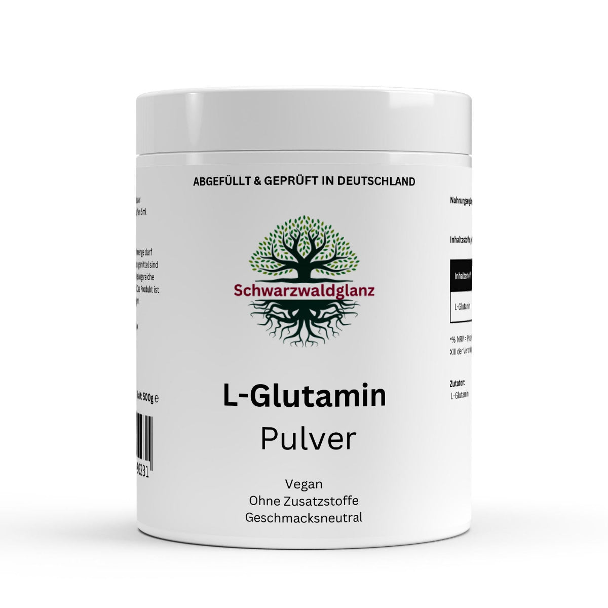 Schwarzwaldglanz L-Glutamin Pulver ist hochwertig, geschmacksneutral und gut löslich – Front – hochwertiges Produkt von Schwarzwaldglanz – Produkt vor weißem Hintergrund