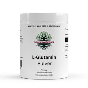 Schwarzwaldglanz L-Glutamin Pulver ist hochwertig, geschmacksneutral und gut löslich – Front – hochwertiges Produkt von Schwarzwaldglanz – Produkt vor weißem Hintergrund