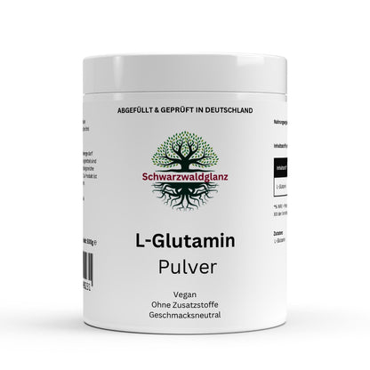 Schwarzwaldglanz L-Glutamin Pulver ist hochwertig, geschmacksneutral und gut löslich – Front – hochwertiges Produkt von Schwarzwaldglanz – Produkt vor weißem Hintergrund