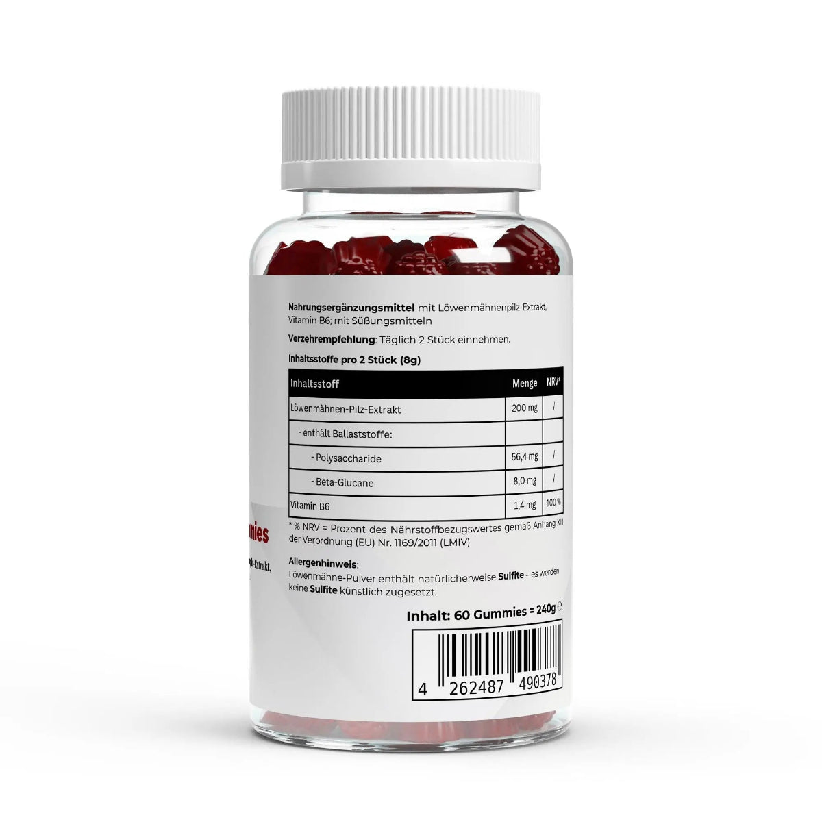 Schwarzwaldglanz Löwenmähne + Vitamin B6 Gummies – Mentale Klarheit, Fokus & Energie – Etikett – hochwertiges Produkt von Schwarzwaldglanz – Produkt vor weißem Hintergrund