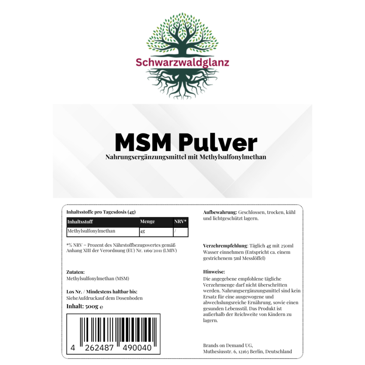 Schwarzwaldglanz MSM Pulver organischen Schwefel  Ernährung  – Etikett – hochwertiges Produkt von Schwarzwaldglanz – Produkt vor weißem Hintergrund