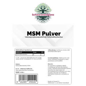 Schwarzwaldglanz MSM Pulver organischen Schwefel  Ernährung  – Etikett – hochwertiges Produkt von Schwarzwaldglanz – Produkt vor weißem Hintergrund