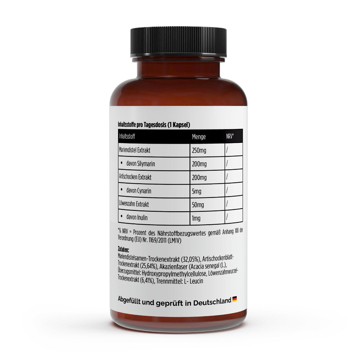 Schwarzwaldglanz Mariendistel Artischocke Löwenzahn Komplex – Leber- & Verdauungsunterstützung – Etikett – hochwertiges Produkt von Schwarzwaldglanz – Produkt vor weißem Hintergrund