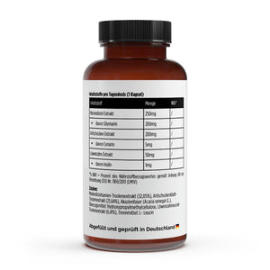 Schwarzwaldglanz Mariendistel Artischocke Löwenzahn Komplex – Leber- & Verdauungsunterstützung – Etikett – hochwertiges Produkt von Schwarzwaldglanz – Produkt vor weißem Hintergrund