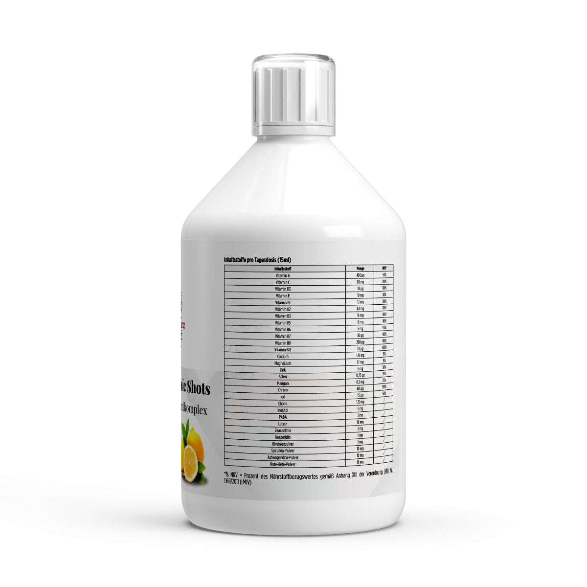 Schwarzwaldglanz 🔥 Multivitamin Basic Shots Plus+ – Dein Daily-Boost in Flüssigform – Etikett – hochwertiges Produkt von Schwarzwaldglanz – Produkt vor weißem Hintergrund