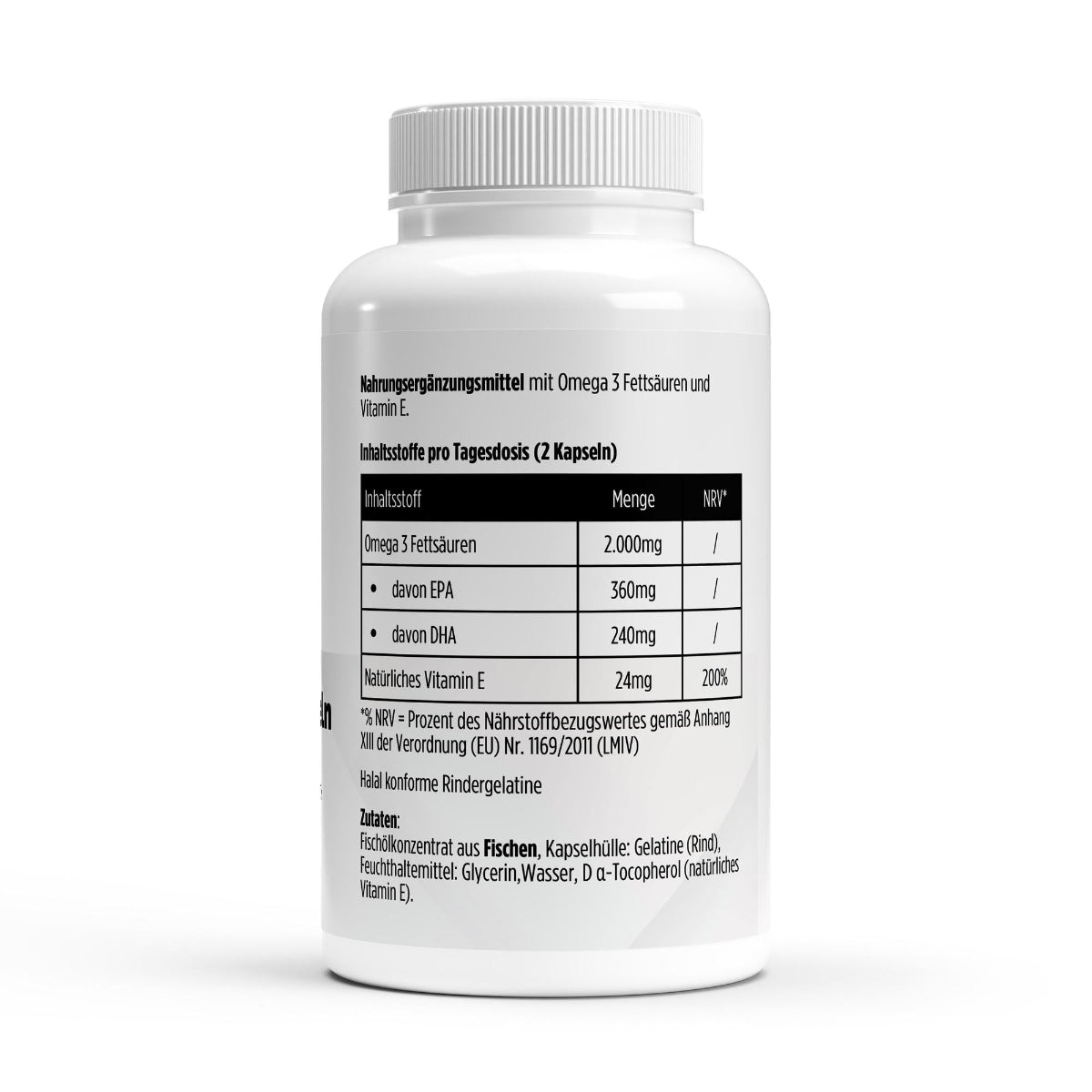 "Schwarzwaldglanz 
Omega 3 Triglyceride Halal - 140 Softgels – Etikett – hochwertiges Produkt von Schwarzwaldglanz – freigestellt vor neutralem Hintergrund"