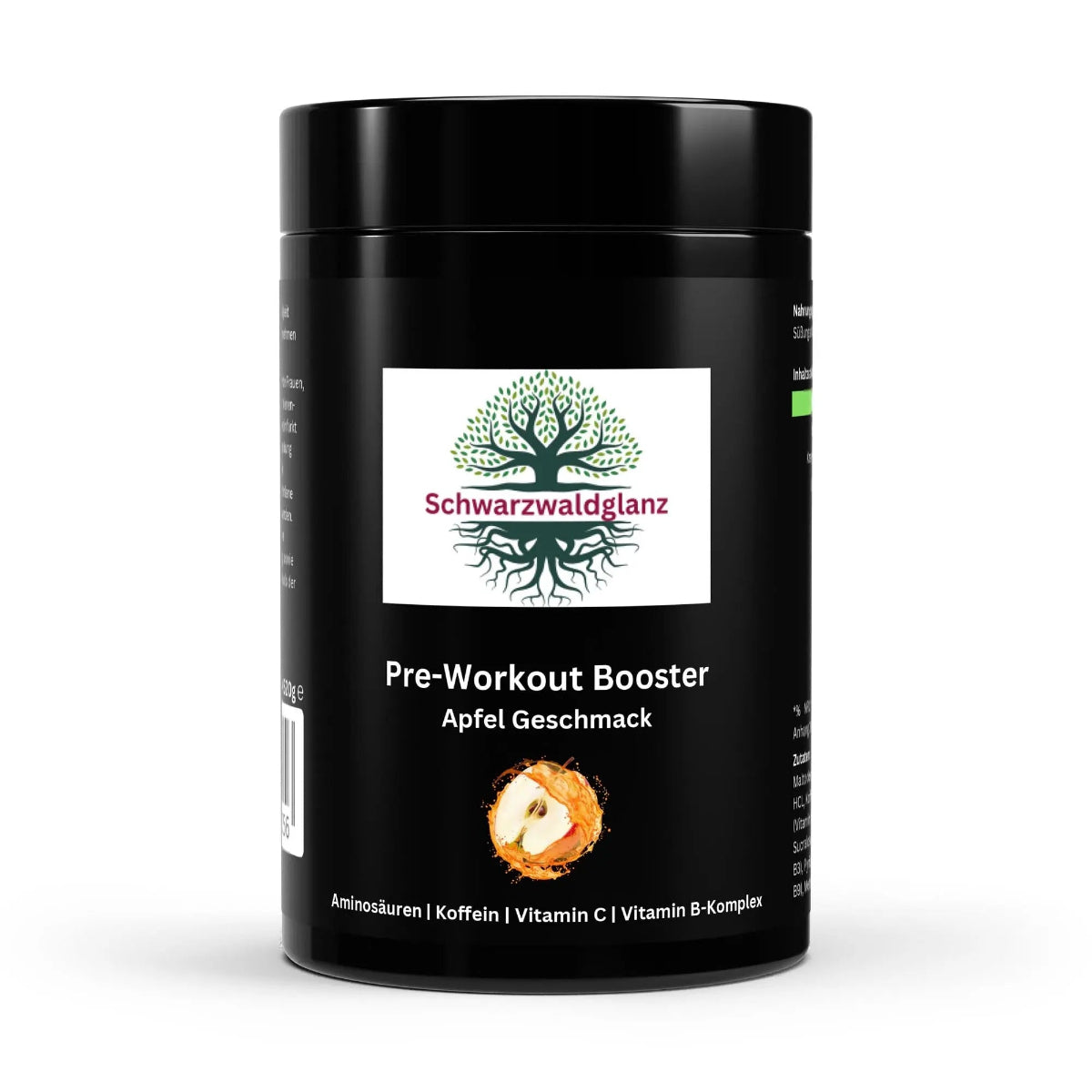 Schwarzwaldglanz Pre-Workout Booster Apfel - hol dir den extra Energiekick – Front – hochwertiges Produkt von Schwarzwaldglanz – Produkt vor weißem Hintergrund