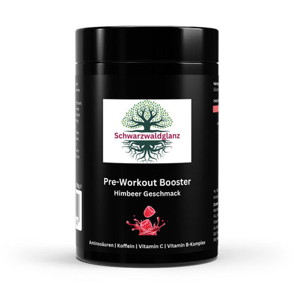 Schwarzwaldglanz Pre-Workout Booster Himbeere – Energie, Fokus & Ausdauer für dein Training – Front – hochwertiges Produkt von Schwarzwaldglanz – freigestellt vor neutralem Hintergrund