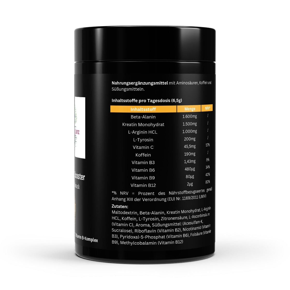 Schwarzwaldglanz Pre-Workout Booster – hochwertig & vielseitig – Etikett – hochwertiges Produkt von Schwarzwaldglanz – Produkt vor weißem Hintergrund