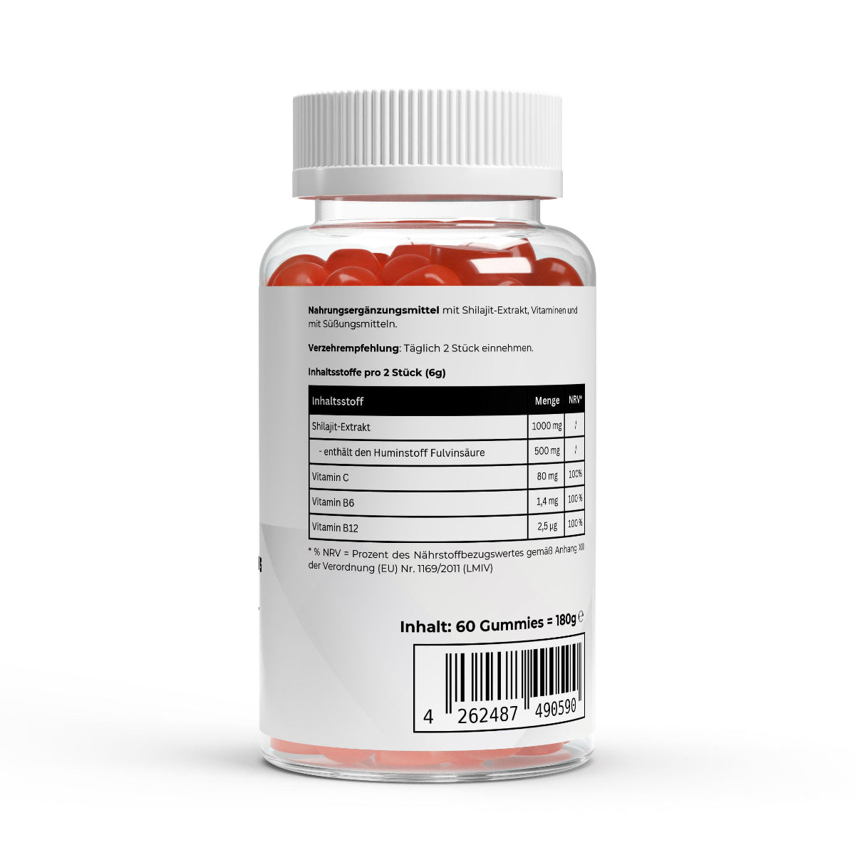 Schwarzwaldglanz Premium Shilajit Gummies 1002 – Etikett – hochwertiges Produkt von Schwarzwaldglanz – Produkt vor weißem Hintergrund