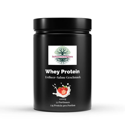 Schwarzwaldglanz Premium Whey Protein Erdbeere - mit hoher biologischer Wertigkeit – Front – hochwertiges Produkt von Schwarzwaldglanz – Produkt vor weißem Hintergrund
