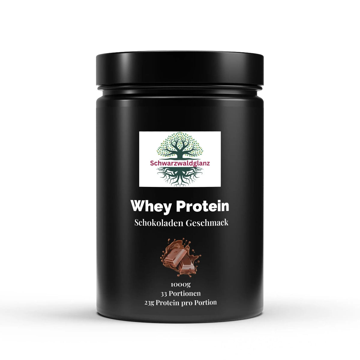 Schwarzwaldglanz Premium Whey Protein Schoko – hochwertig & vielseitig – Front – hochwertiges Produkt von Schwarzwaldglanz – Produkt vor weißem Hintergrund