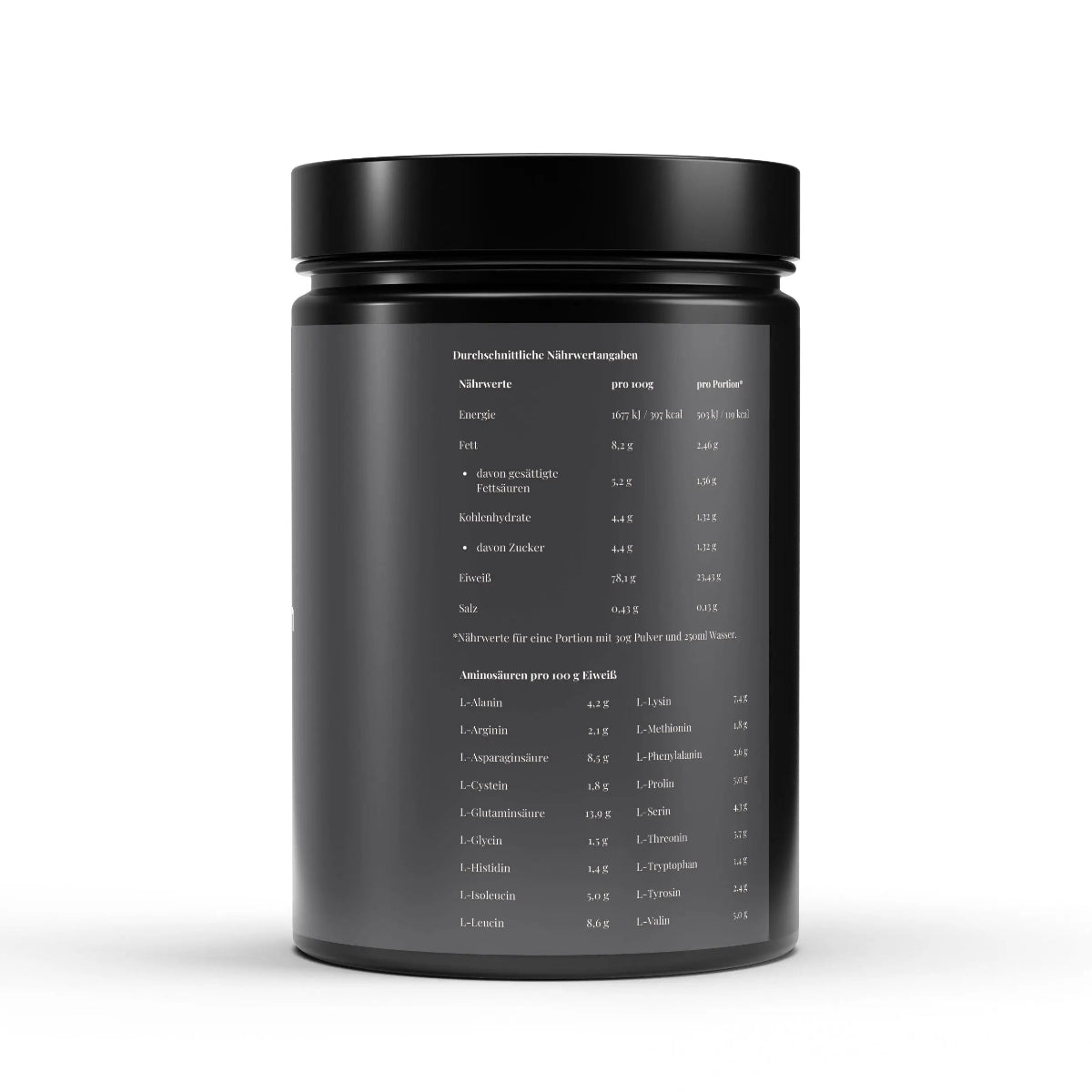 Schwarzwaldglanz Premium Whey Protein Vanille – hochwertig & vielseitig – Etikett – hochwertiges Produkt von Schwarzwaldglanz – Produkt vor weißem Hintergrund