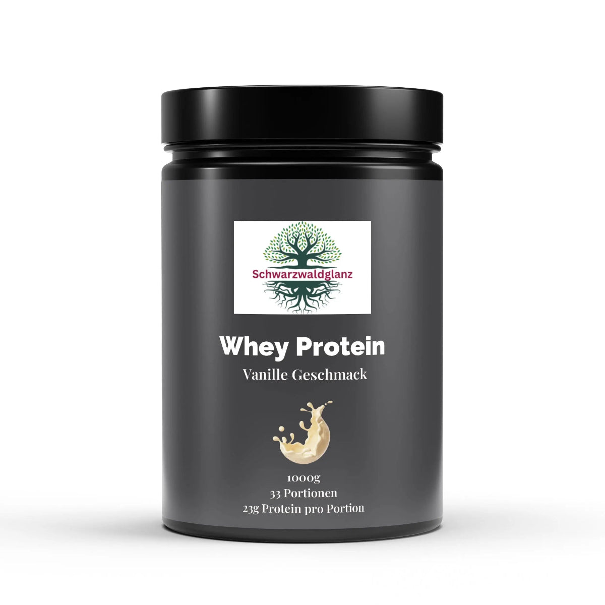 Schwarzwaldglanz Premium Whey Protein Vanille – hochwertig & vielseitig – Front – hochwertiges Produkt von Schwarzwaldglanz – Produkt vor weißem Hintergrund