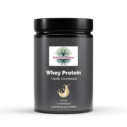 Schwarzwaldglanz Premium Whey Protein Vanille – hochwertig & vielseitig – Front – hochwertiges Produkt von Schwarzwaldglanz – Produkt vor weißem Hintergrund