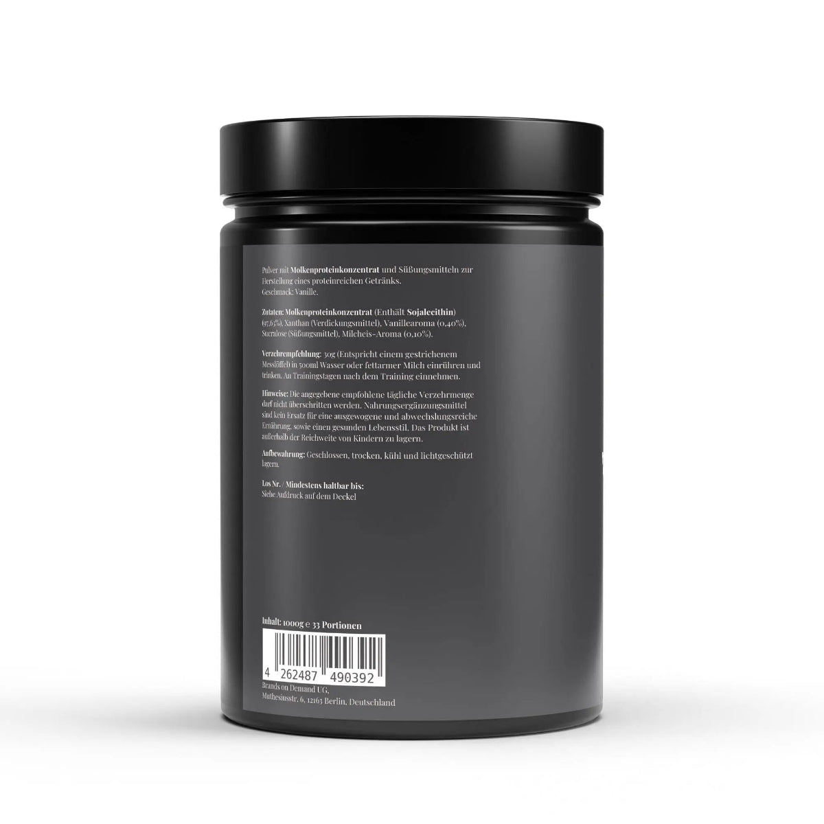 Schwarzwaldglanz Premium Whey Protein Vanille – hochwertig & vielseitig – Hinweis – hochwertiges Produkt von Schwarzwaldglanz – Produkt vor weißem Hintergrund