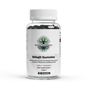 Schwarzwaldglanz Shilajit Gummies + Vitamin C,B6, B12 - 60 Stk. – Front – hochwertiges Produkt von Schwarzwaldglanz – Produkt vor weißem Hintergrund