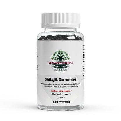 Schwarzwaldglanz Shilajit Gummies + Vitamin C,B6, B12 - 60 Stk. – Front – hochwertiges Produkt von Schwarzwaldglanz – Produkt vor weißem Hintergrund