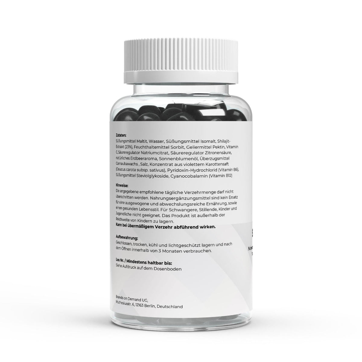 Schwarzwaldglanz Shilajit Gummies + Vitamin C,B6, B12 - 60 Stk. – Hinweis – hochwertiges Produkt von Schwarzwaldglanz – Produkt vor weißem Hintergrund