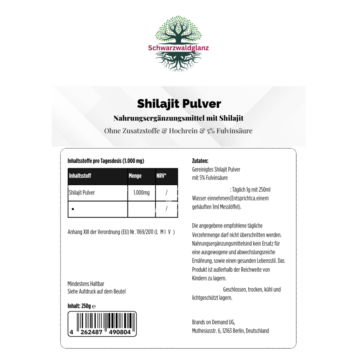 Shilajit Pulver – 5 % Fulvinsäure – 250 g | Natürliches Mineralharz | Vegan & laborgeprüft ChanceToBrand