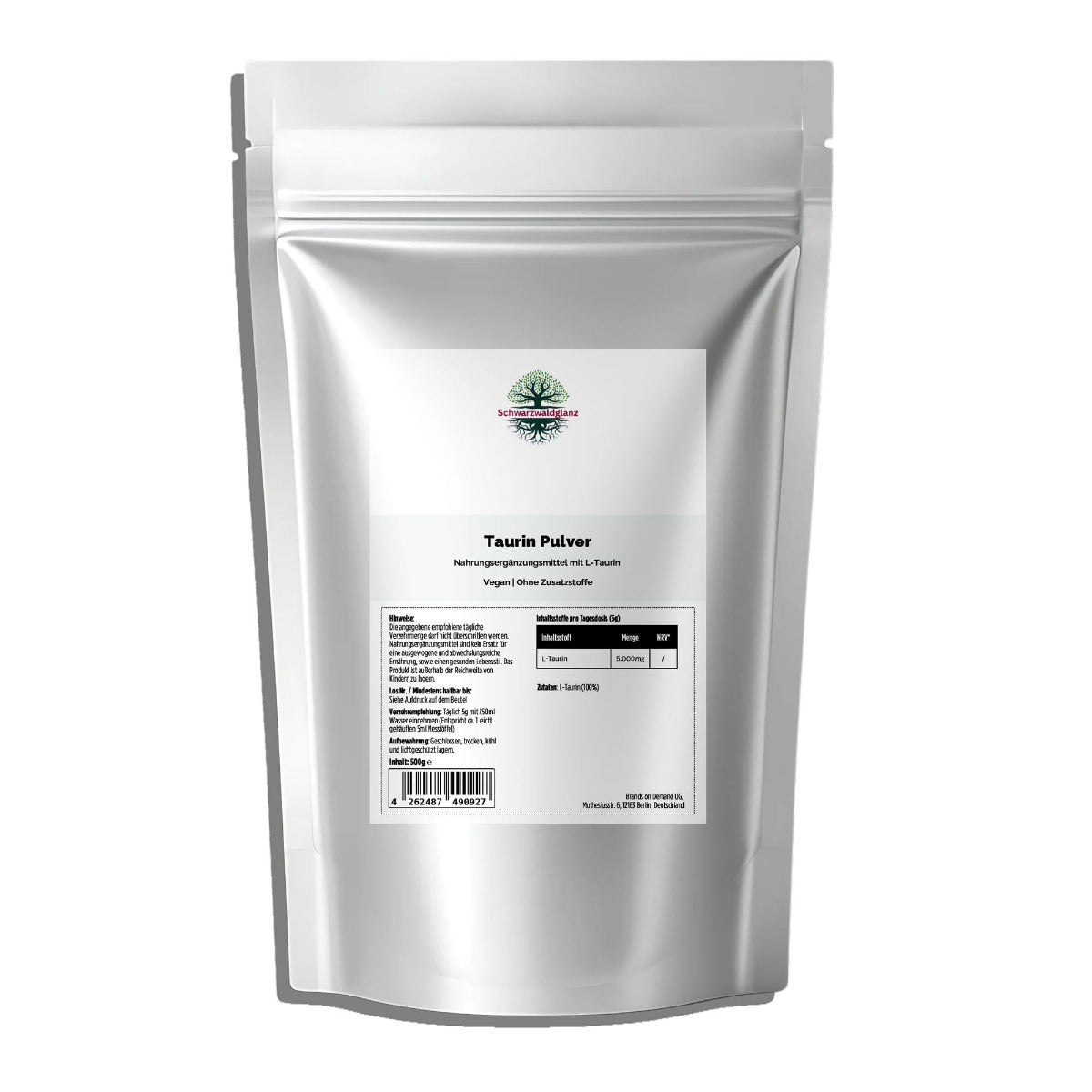 Schwarzwaldglanz Taurin Pulver - 500g Doypack – Front – hochwertiges Produkt von Schwarzwaldglanz – Produkt vor weißem Hintergrund