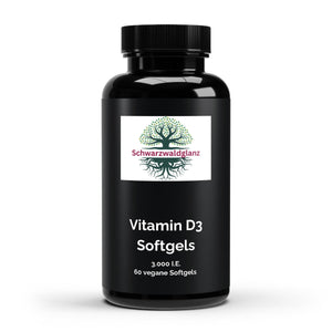 Schwarzwaldglanz Vitamin D3 3.000 I.E - 60 vegane Softgels – Front – hochwertiges Produkt von Schwarzwaldglanz – Produkt vor weißem Hintergrund