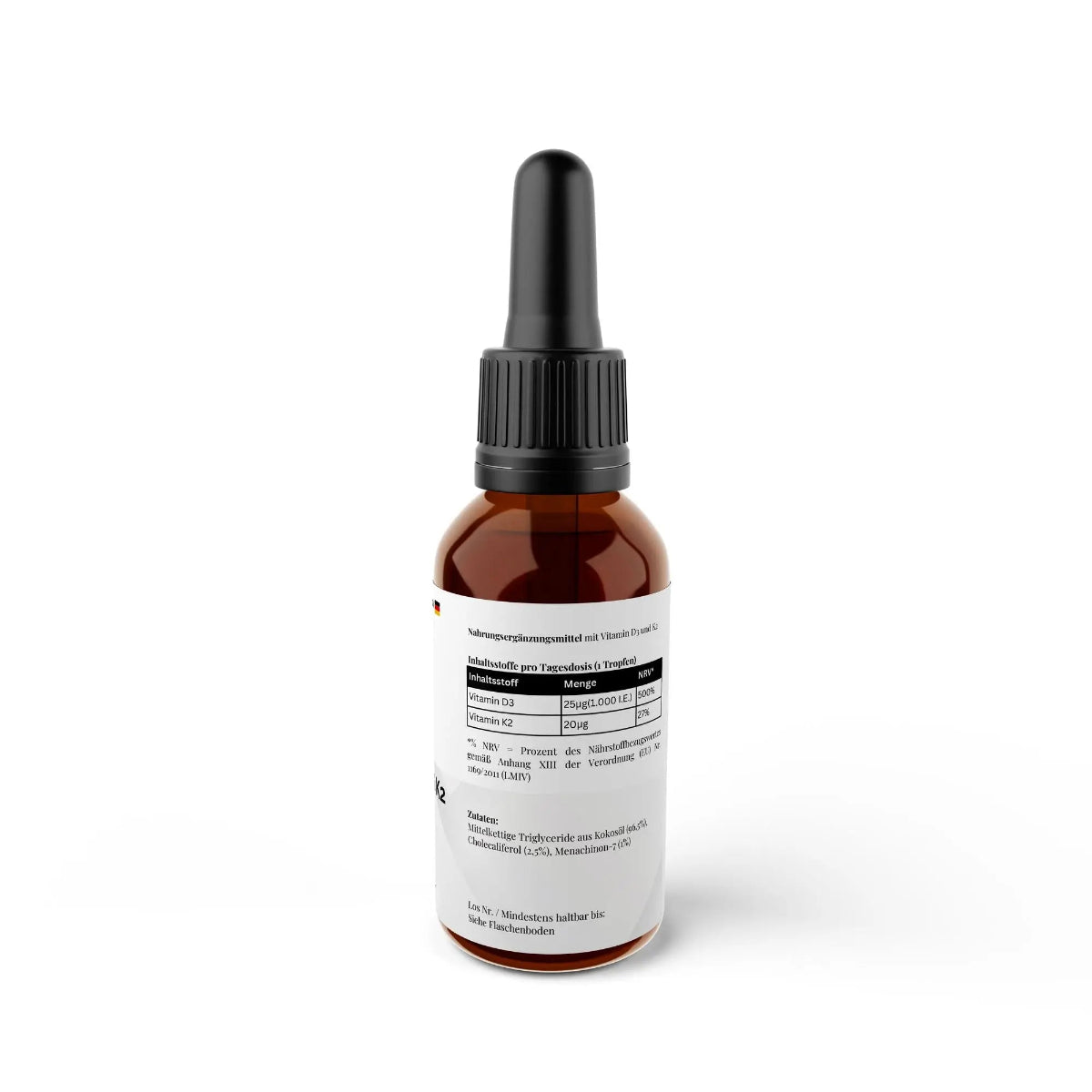 Schwarzwaldglanz Vitamin D3 + K2 – Power-Kombi für Energie & Vitalität  – Etikett – hochwertiges Produkt von Schwarzwaldglanz – Produkt vor weißem Hintergrund